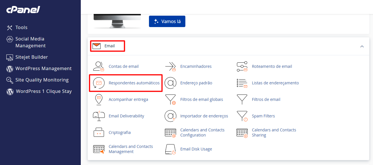 Acessando o cPanel para configurar respostas automáticas no Webmail