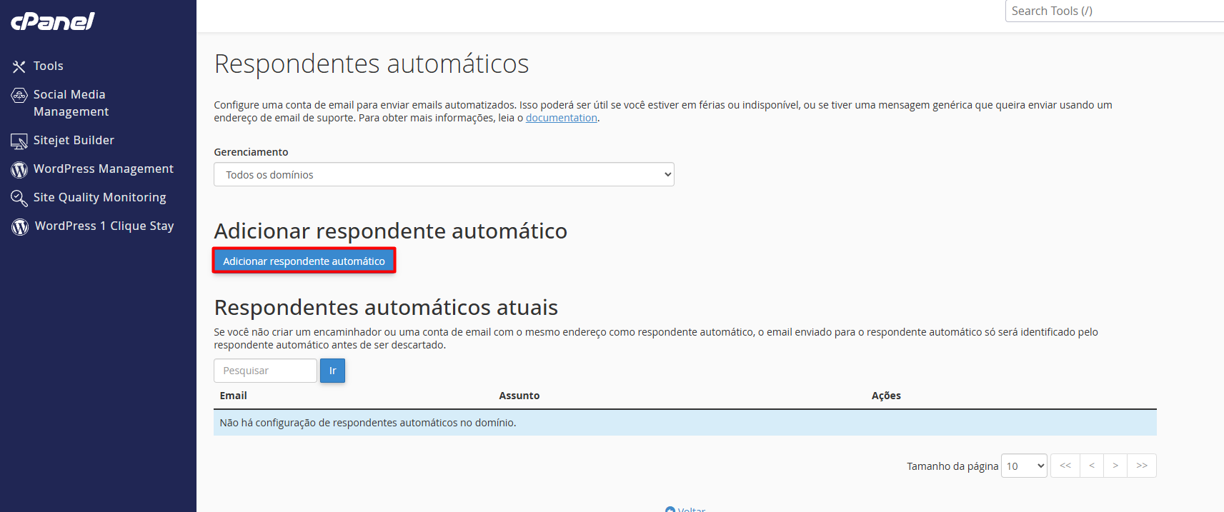 Botão de adicionar para respostas automáticas no Webmail StayCloud