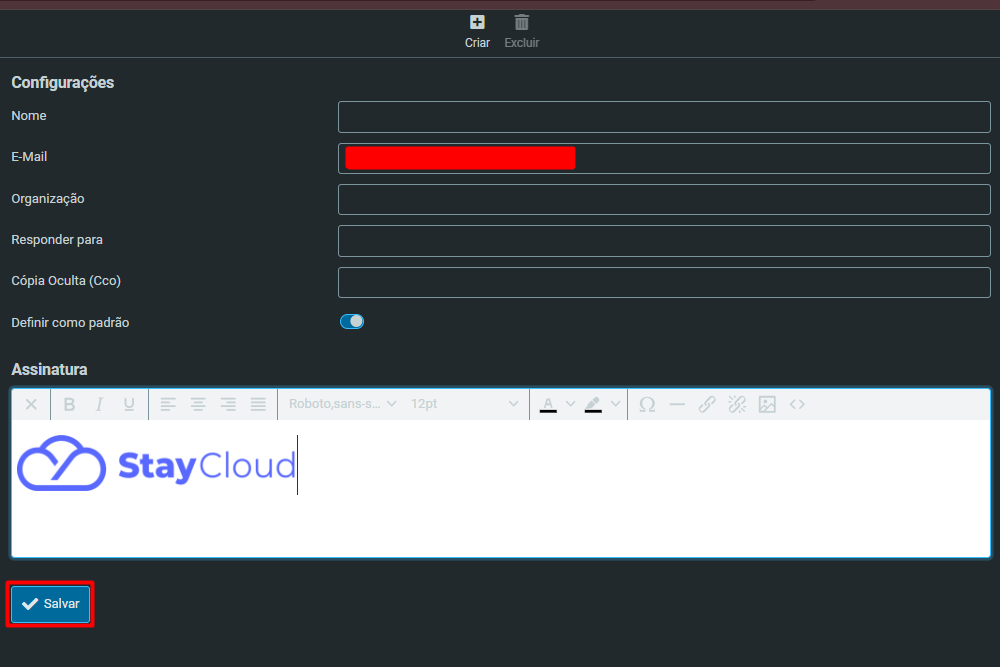 Salvando as configurações finais da assinatura automática no Webmail no painel de identidades