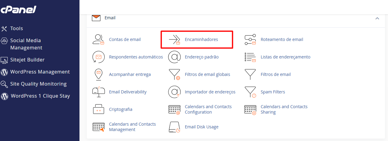Localizando a opção de encaminhadores no cPanel