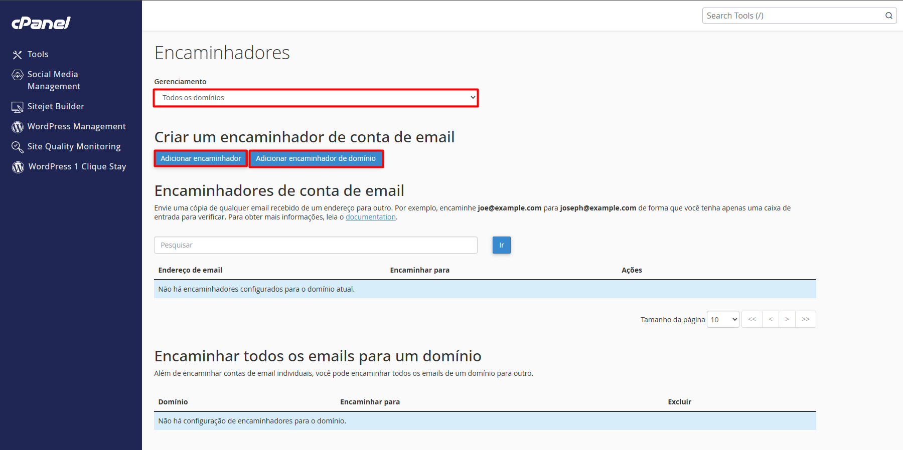 Interface principal de encaminhadores de e-mail no cPanel