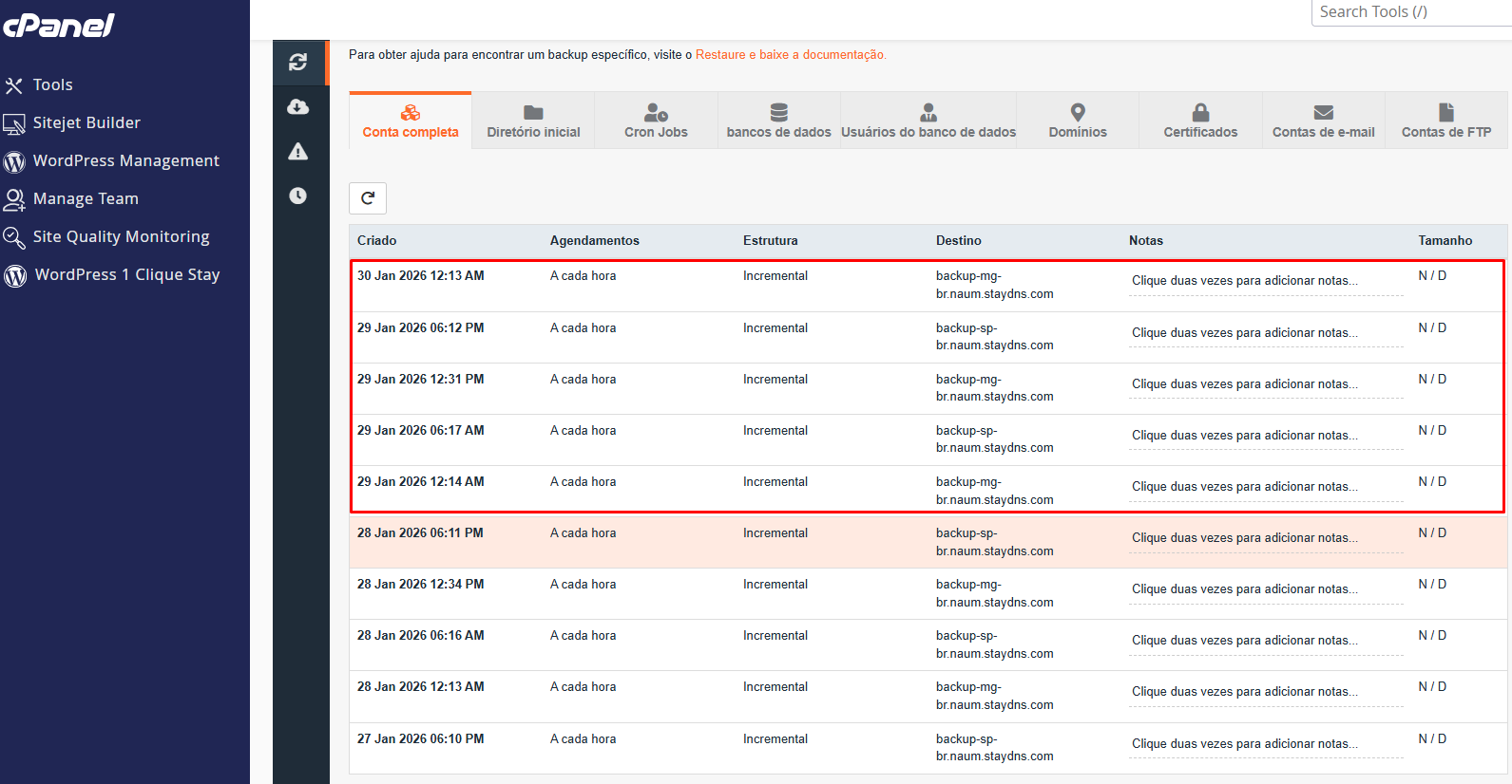 Lista de backups automáticos disponíveis na StayCloud
