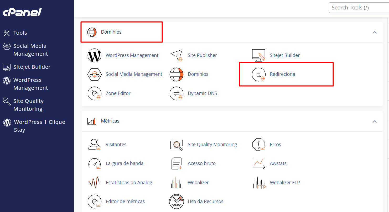 Acessando a ferramenta de redirecionamento no cPanel da StayCloud