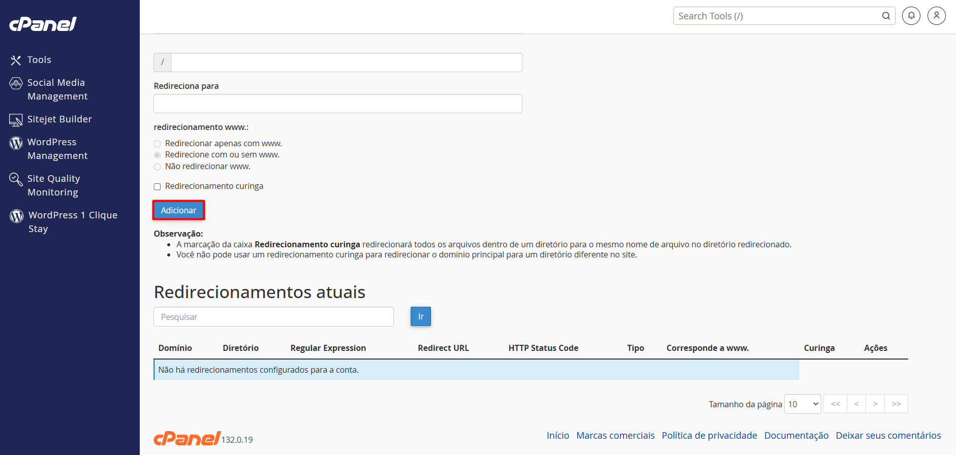 Confirmando a criação do redirecionamento com sucesso