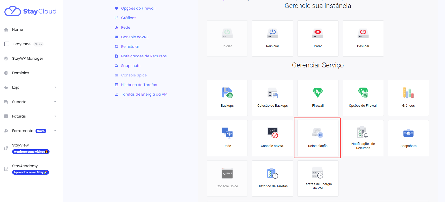 Localizando o botão Reinstalar sistema operacional no painel VPS