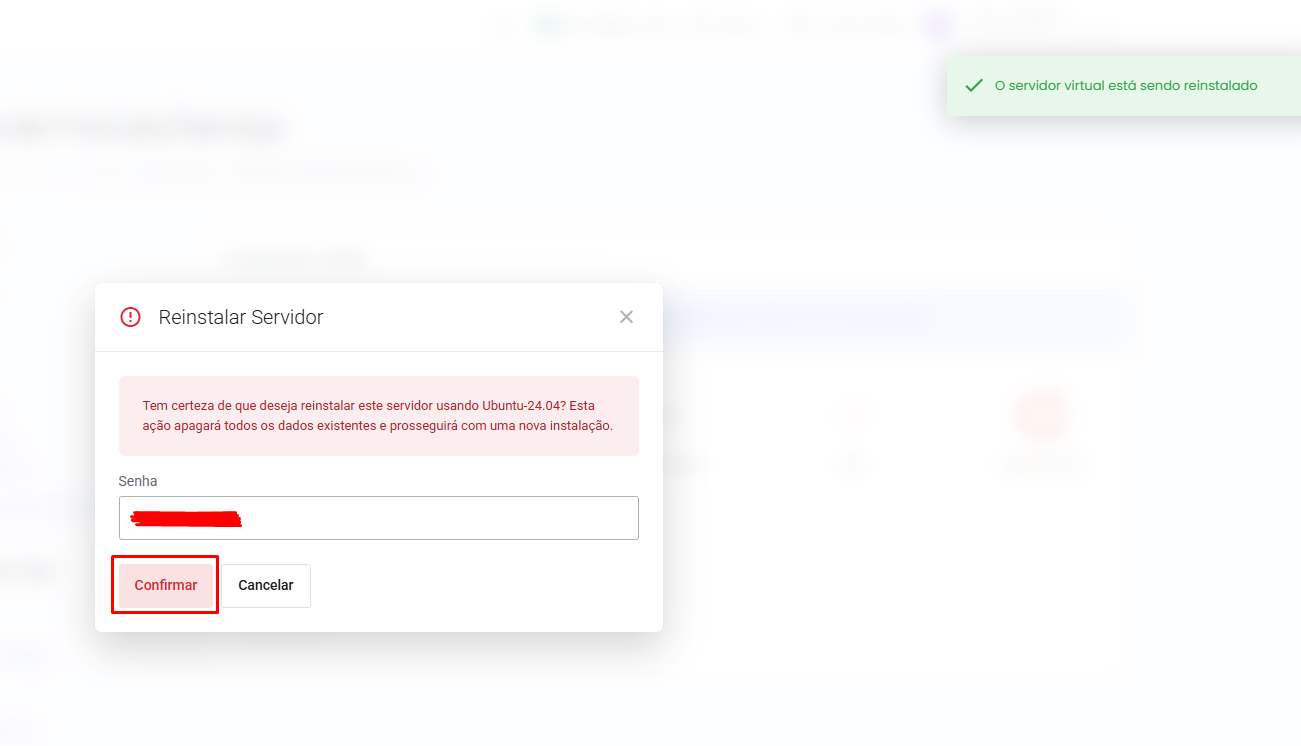 Inserindo senha para confirmar reinstalar sistema operacional