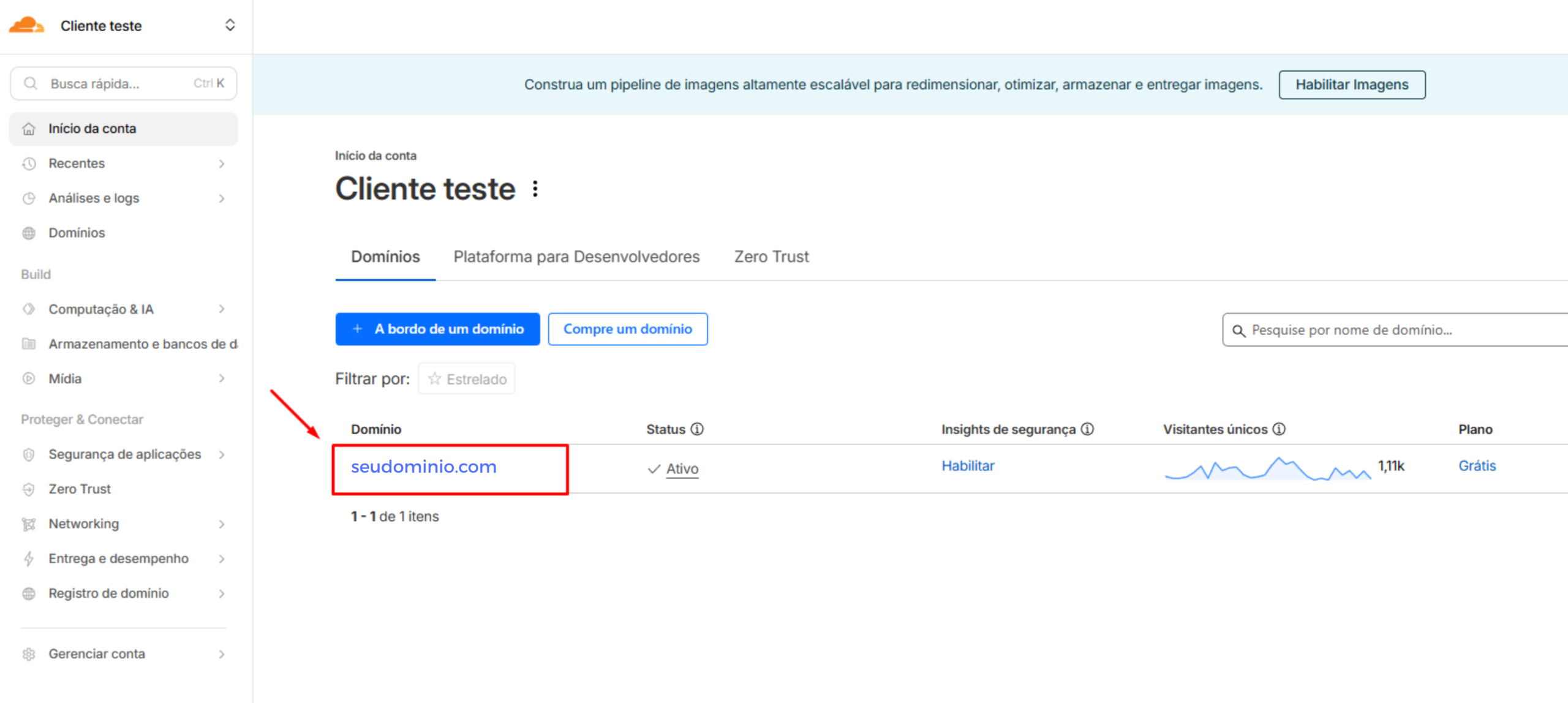 Painel inicial Cloudflare selecionando o domínio