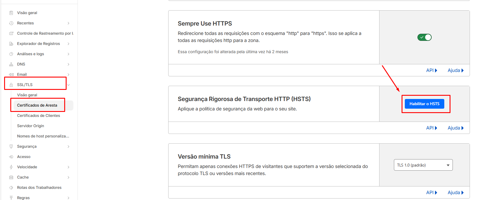 Opção de habilitar HSTS no Cloudflare