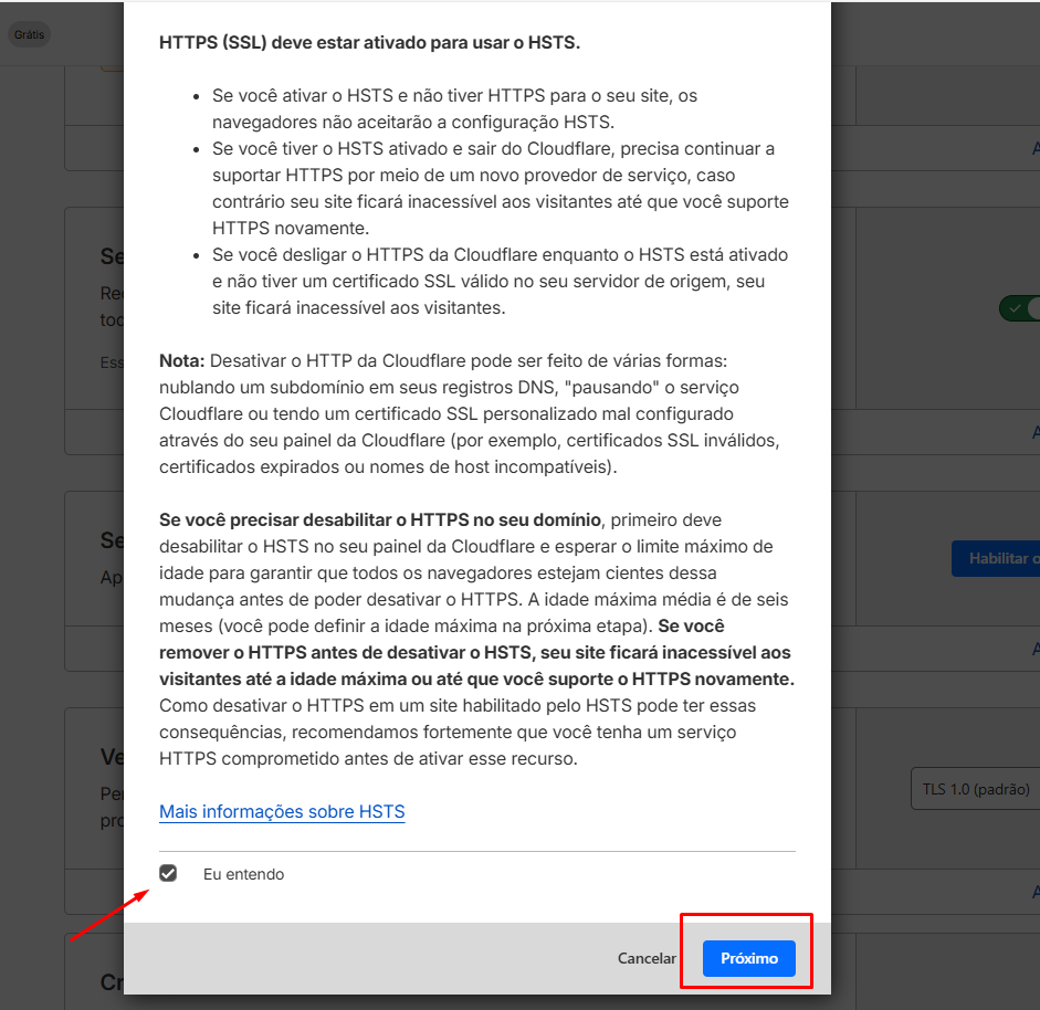 Confirmação de ativação do HSTS