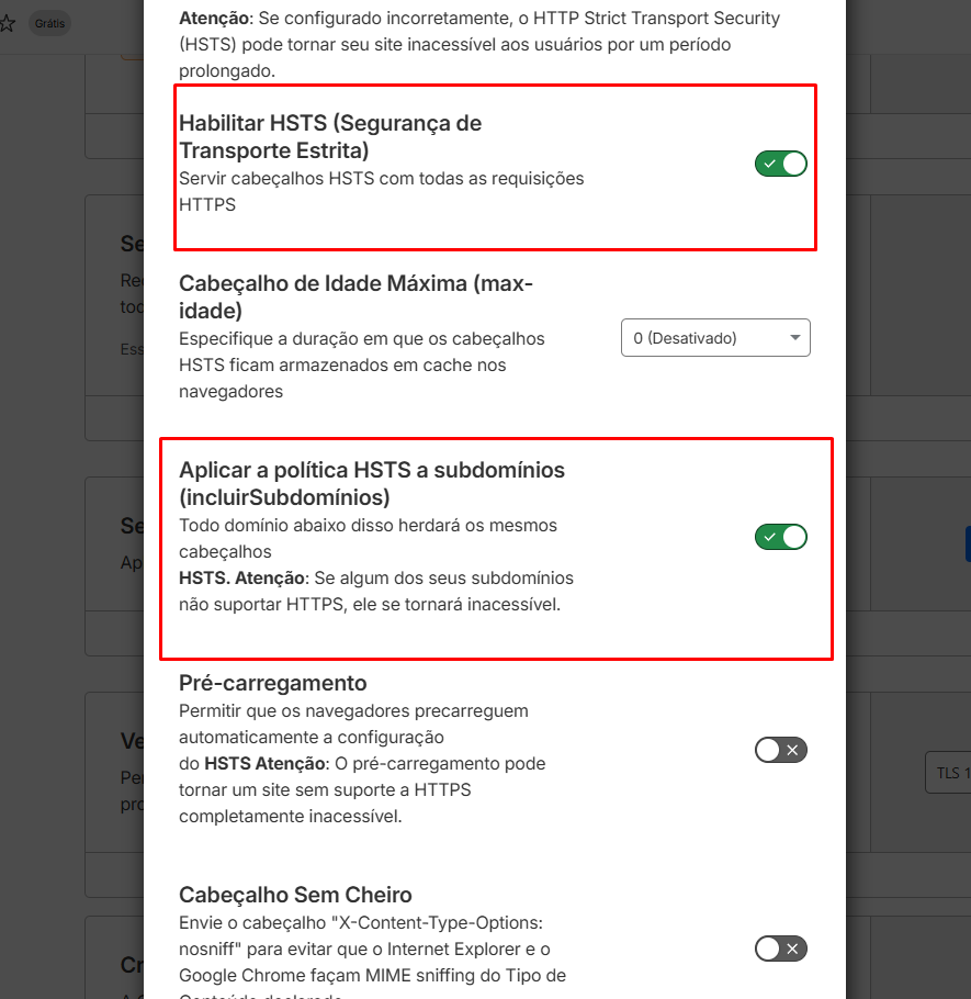 Configurações finas do HSTS