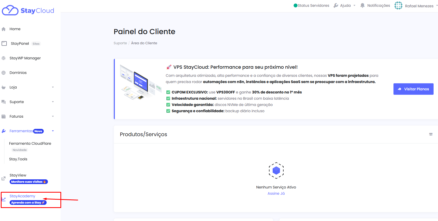 Botão de acesso ao Stay Academy no painel