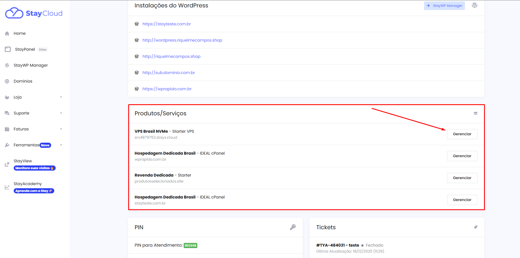 Localizando o plano para encontrar dados do servidor VPS na StayCloud
