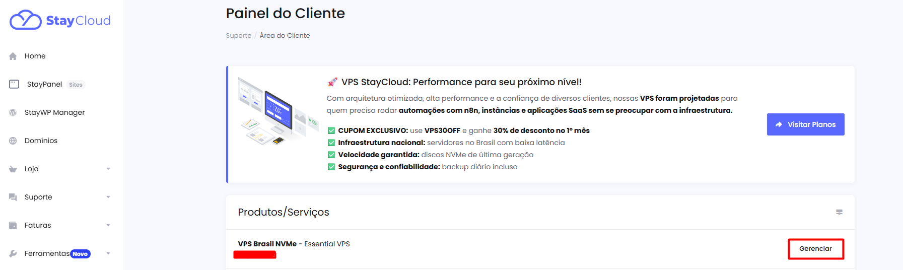 Painel do cliente mostrando como acessar Easypanel passo 1