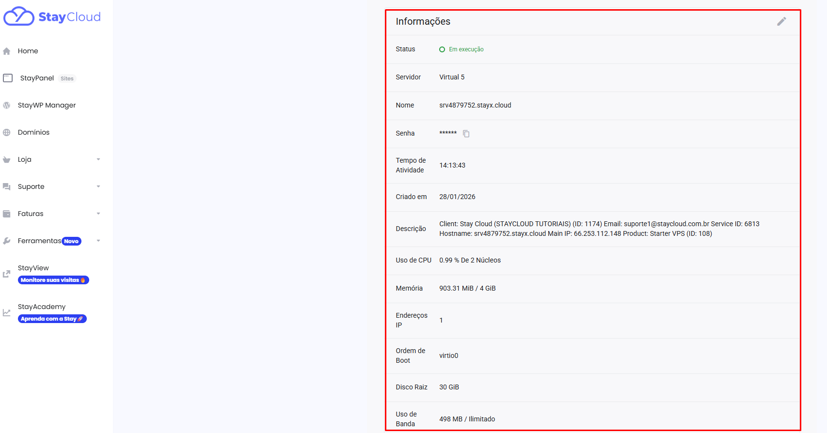 Monitorando recursos ao encontrar dados do servidor VPS na StayCloud