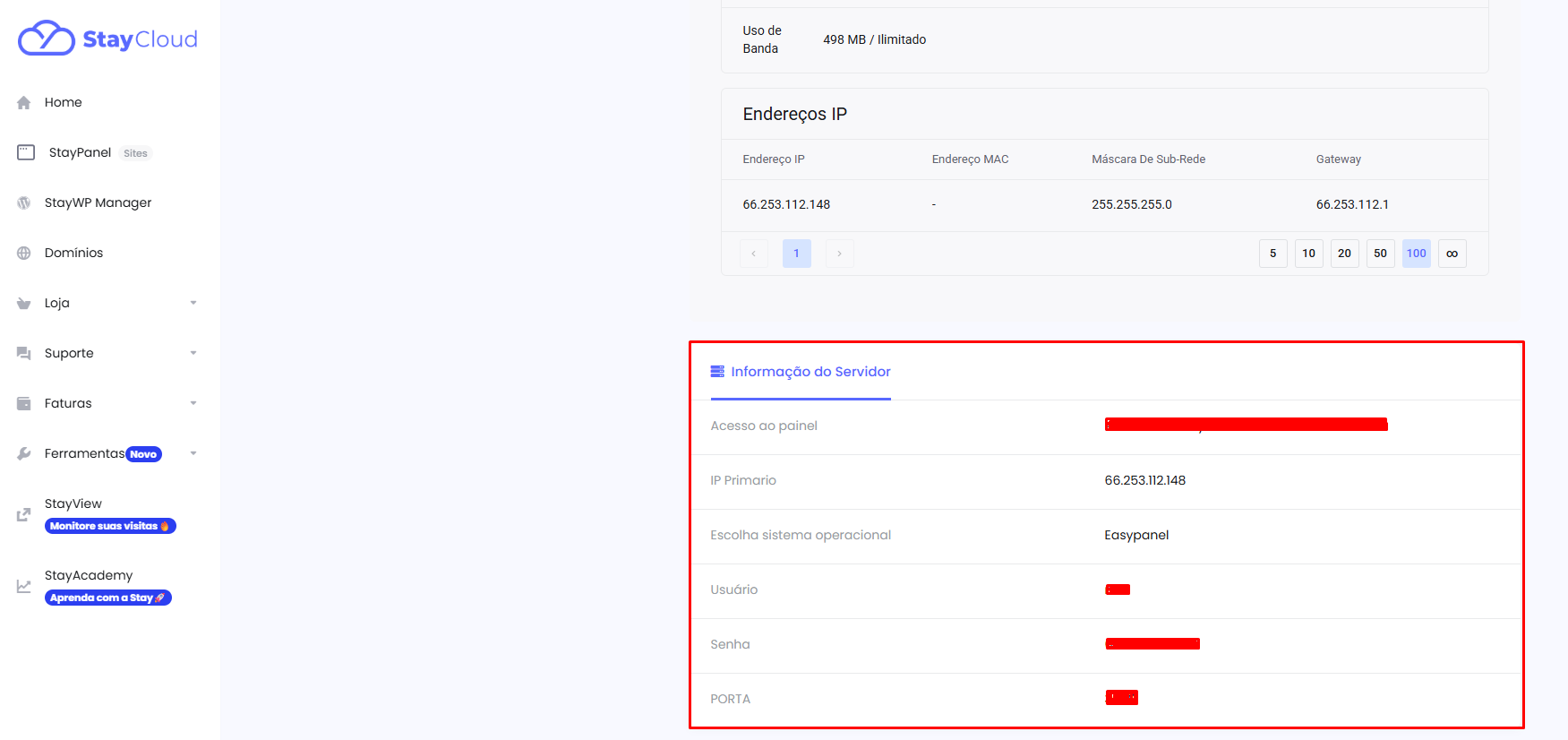 Dados de acesso ao encontrar dados do servidor VPS na StayCloud