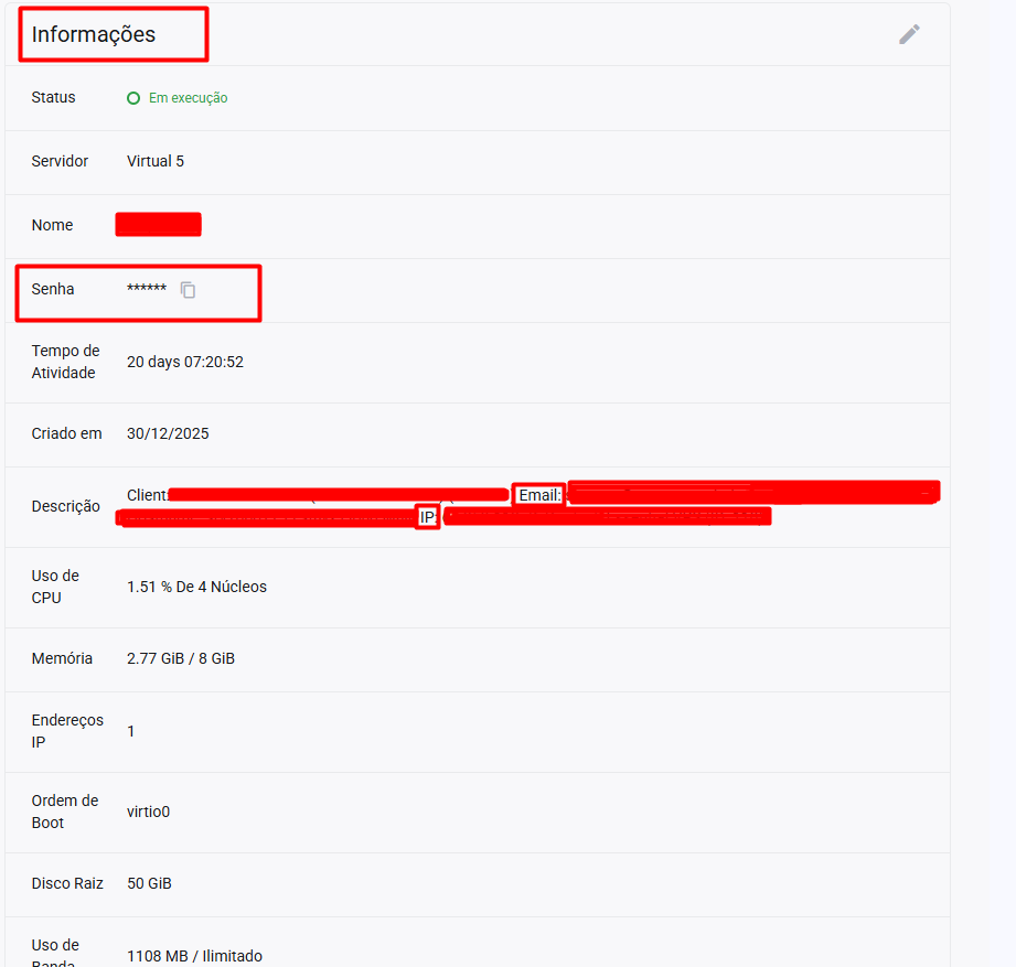 Credenciais de IP e senha para como acessar Easypanel