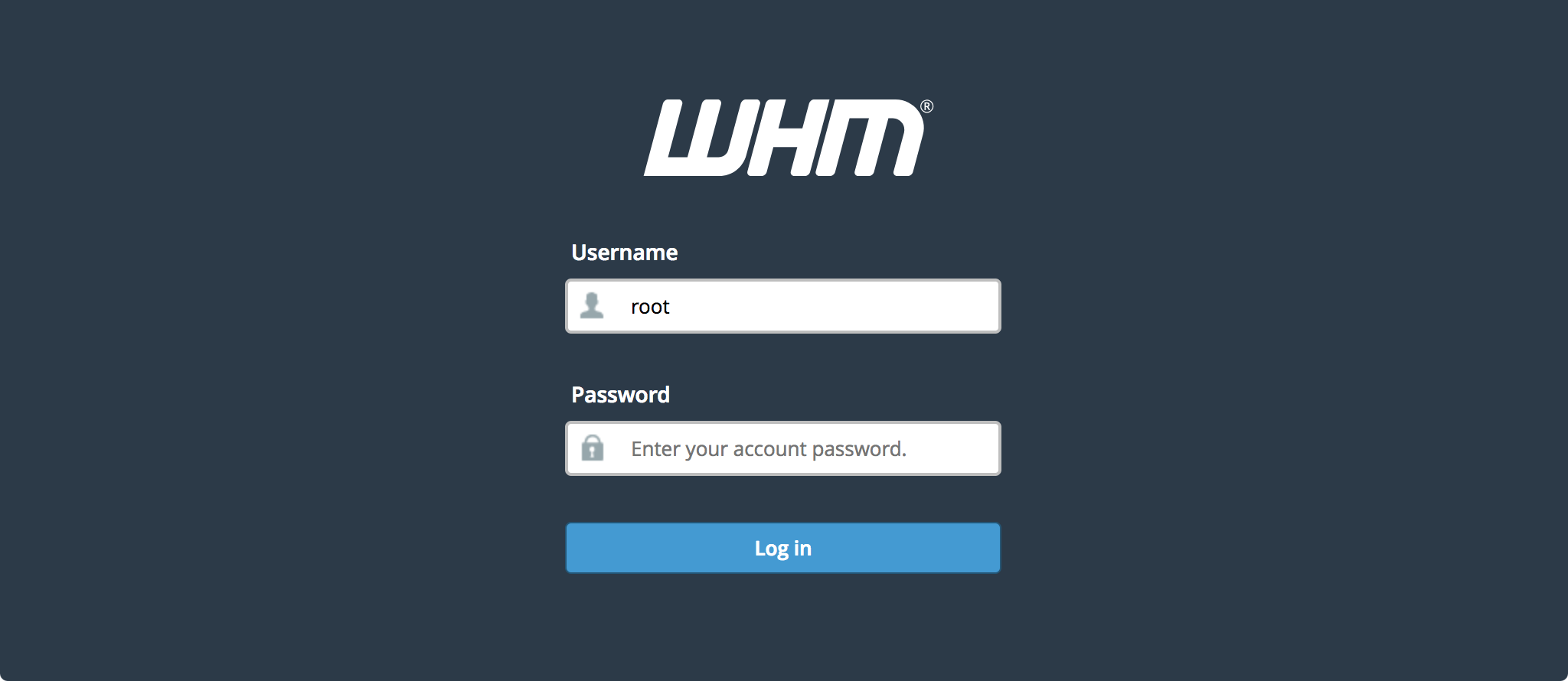 Tela de login do painel WHM Web Host Manager