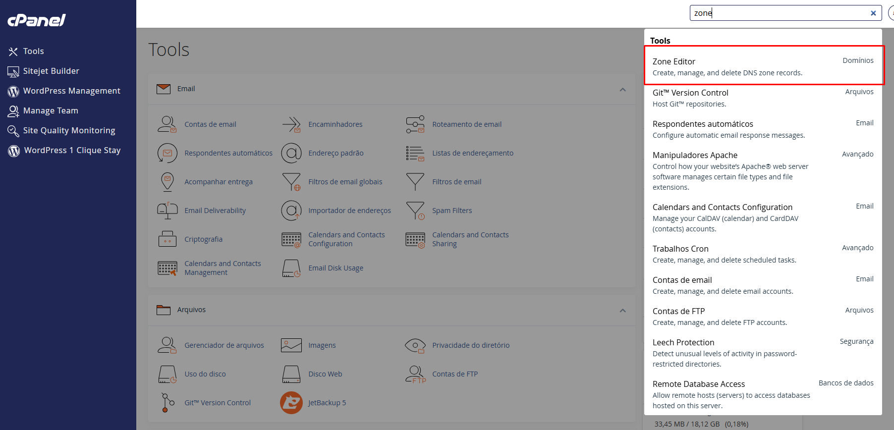 Buscando o Zone Editor no cPanel da StayCloud
