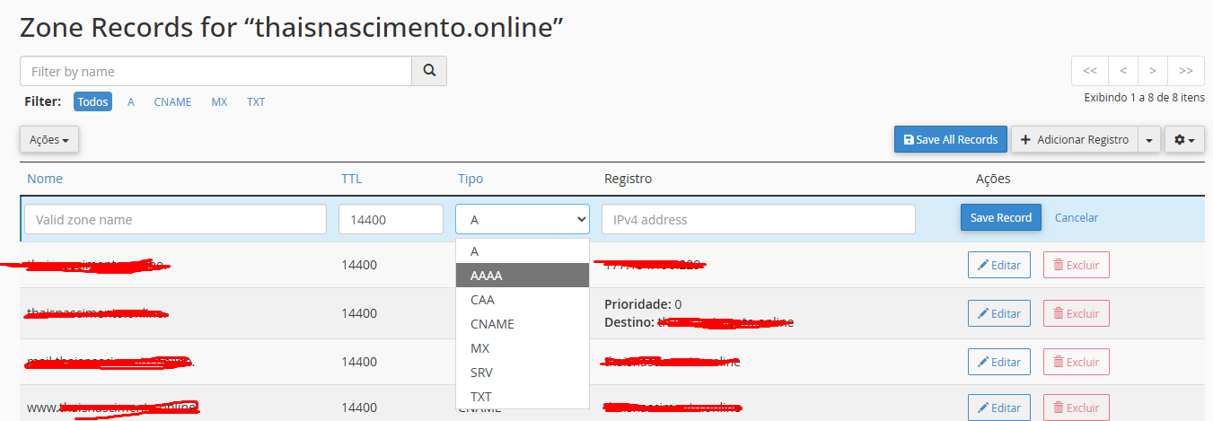 Configurando campos no Zone Editor cPanel