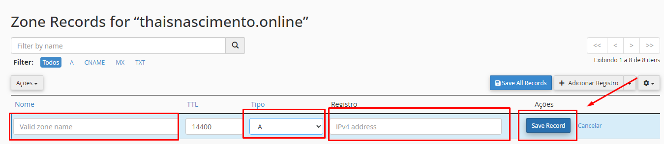 Confirmação de registro no Zone Editor cPanel