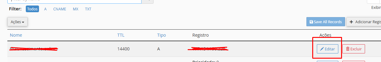 Editando registro no Zone Editor cPanel