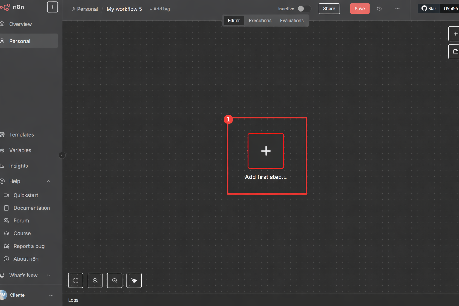 Interface de início da primeira automação no n8n