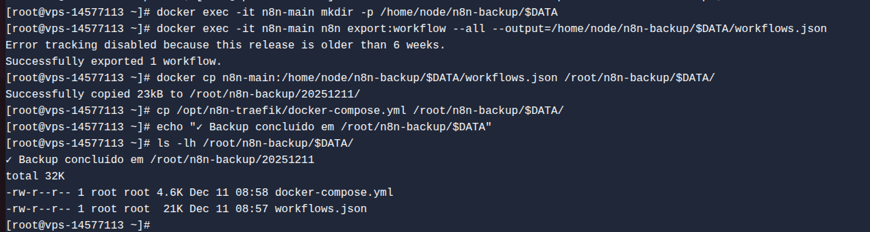 Executando o Backup manual da VPS n8n via terminal Linux