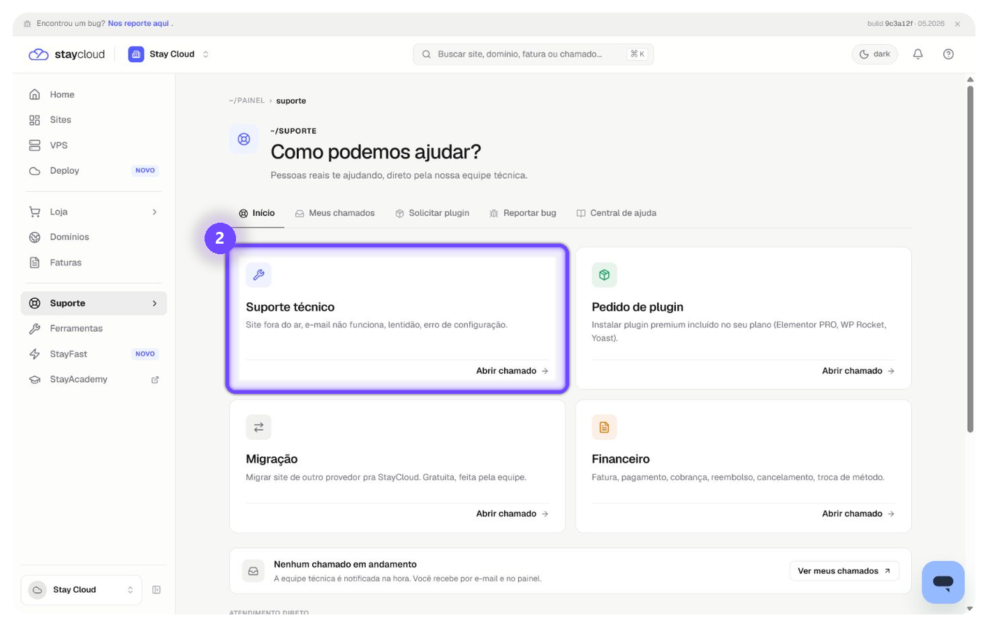 abrir ticket no painel StayCloud - Card Suporte técnico destacado