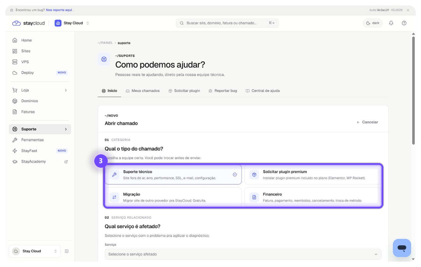 abrir ticket no painel StayCloud - Categorias do chamado destacadas