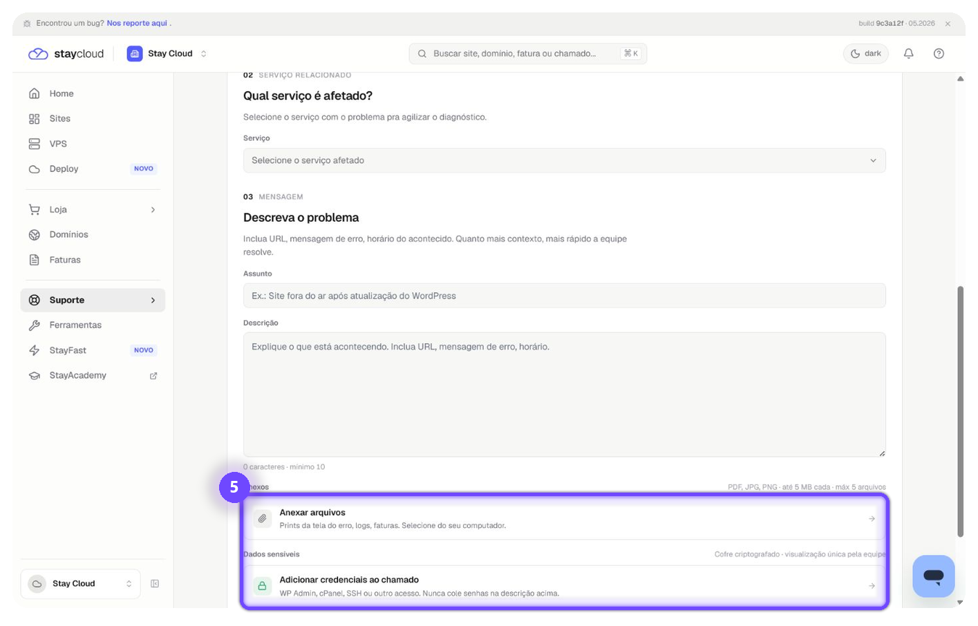 abrir ticket no painel StayCloud - Campos Assunto e Descrição destacados