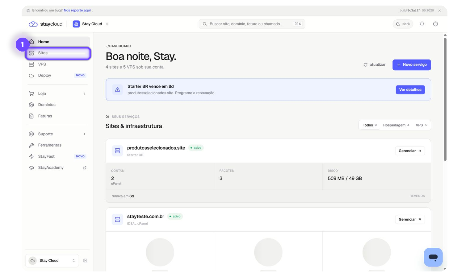localizar acessos StayCloud pelo menu Sites