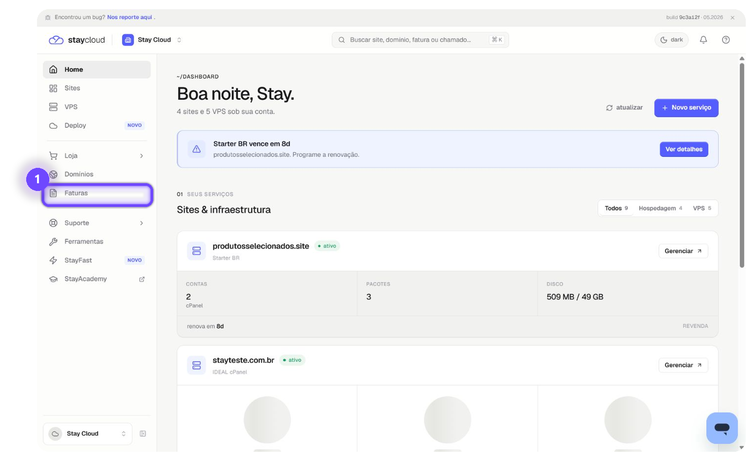adicionar cartão StayCloud pelo menu Faturas
