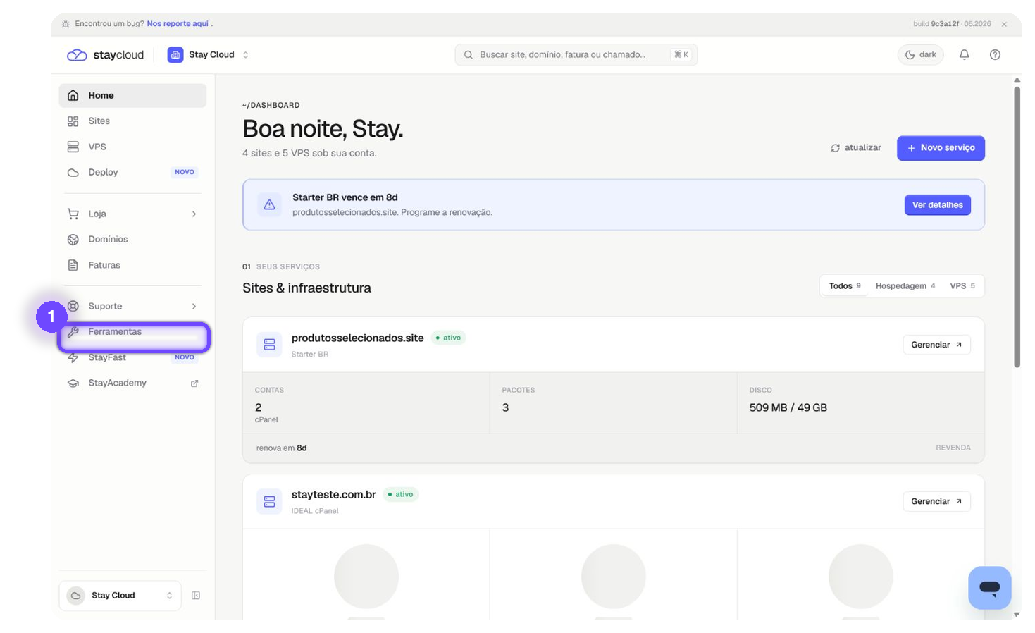 ferramentas painel StayCloud no menu lateral