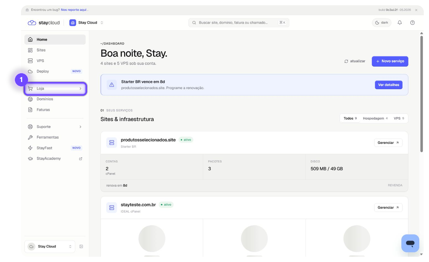 comprar domínio StayCloud pelo menu Loja