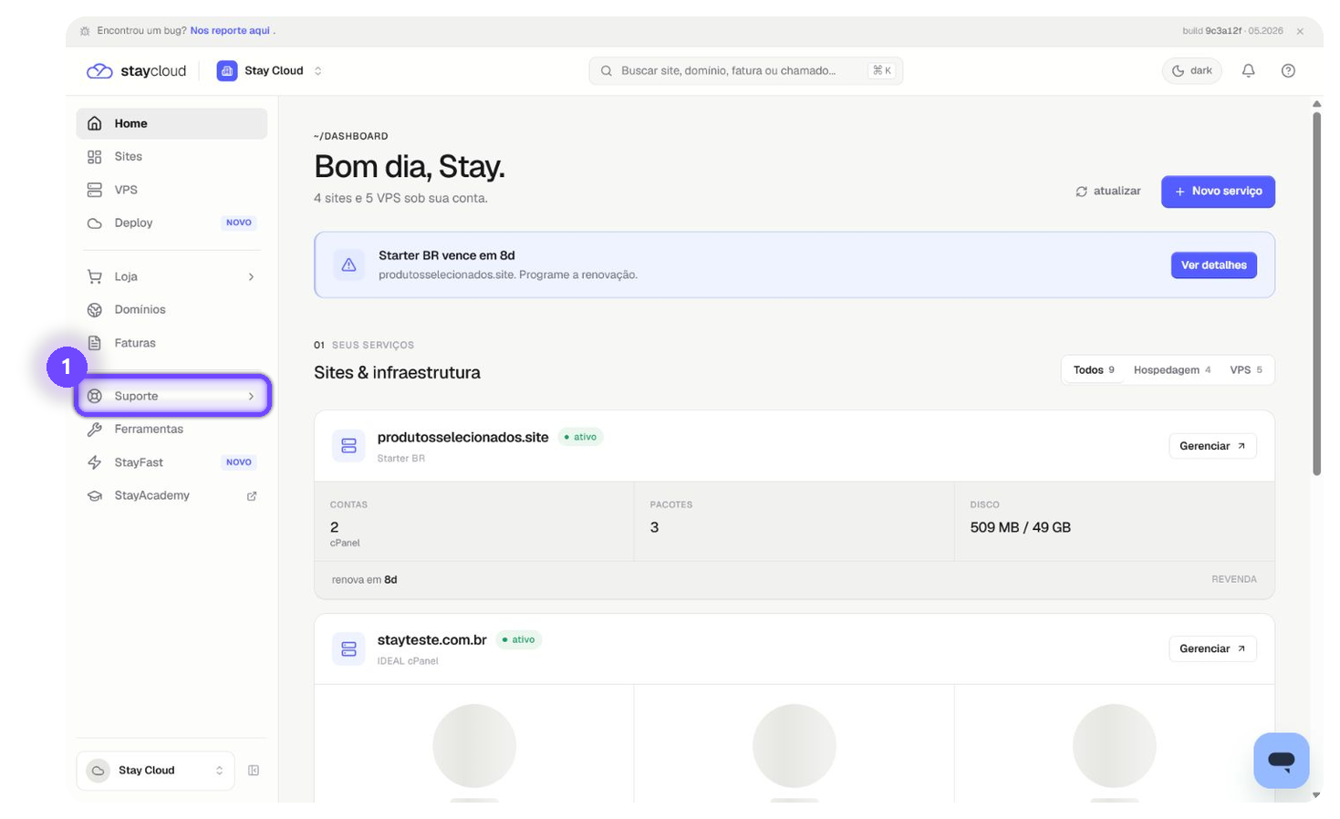 solicitar plugin premium StayCloud pelo menu Suporte