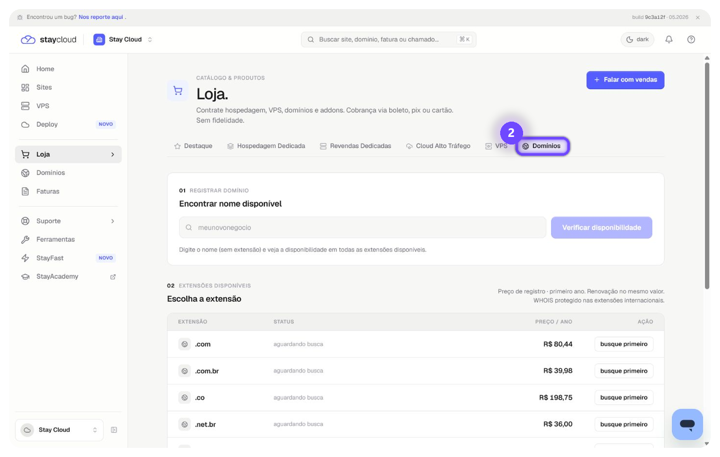 comprar domínio StayCloud na aba Domínios