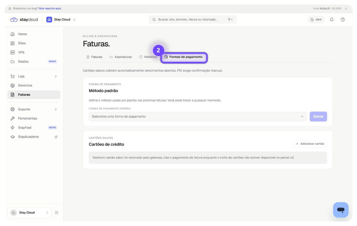 adicionar cartão StayCloud na aba Formas de pagamento