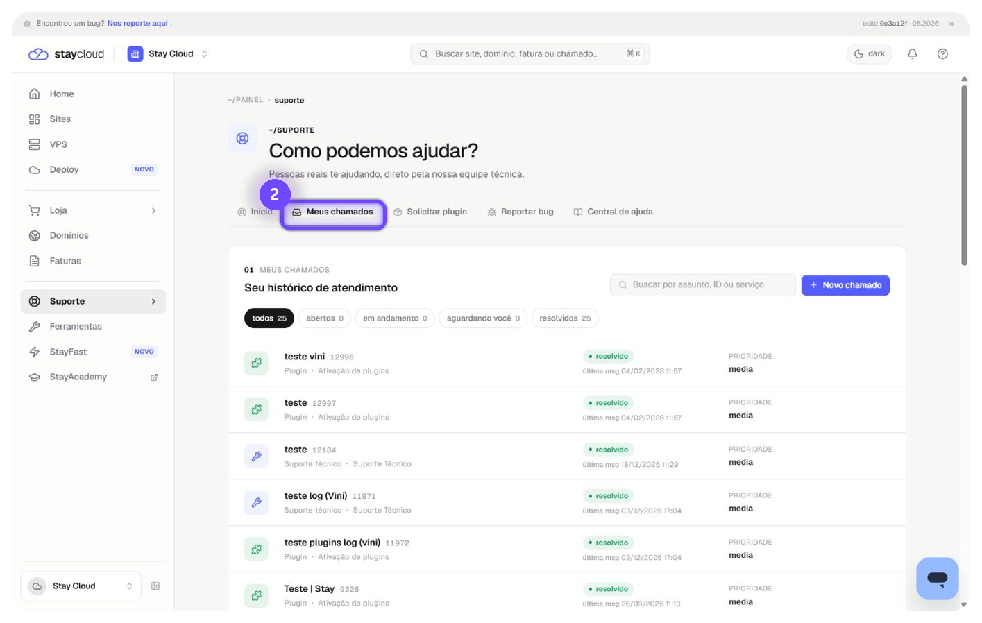 acompanhar chamados StayCloud na aba Meus chamados