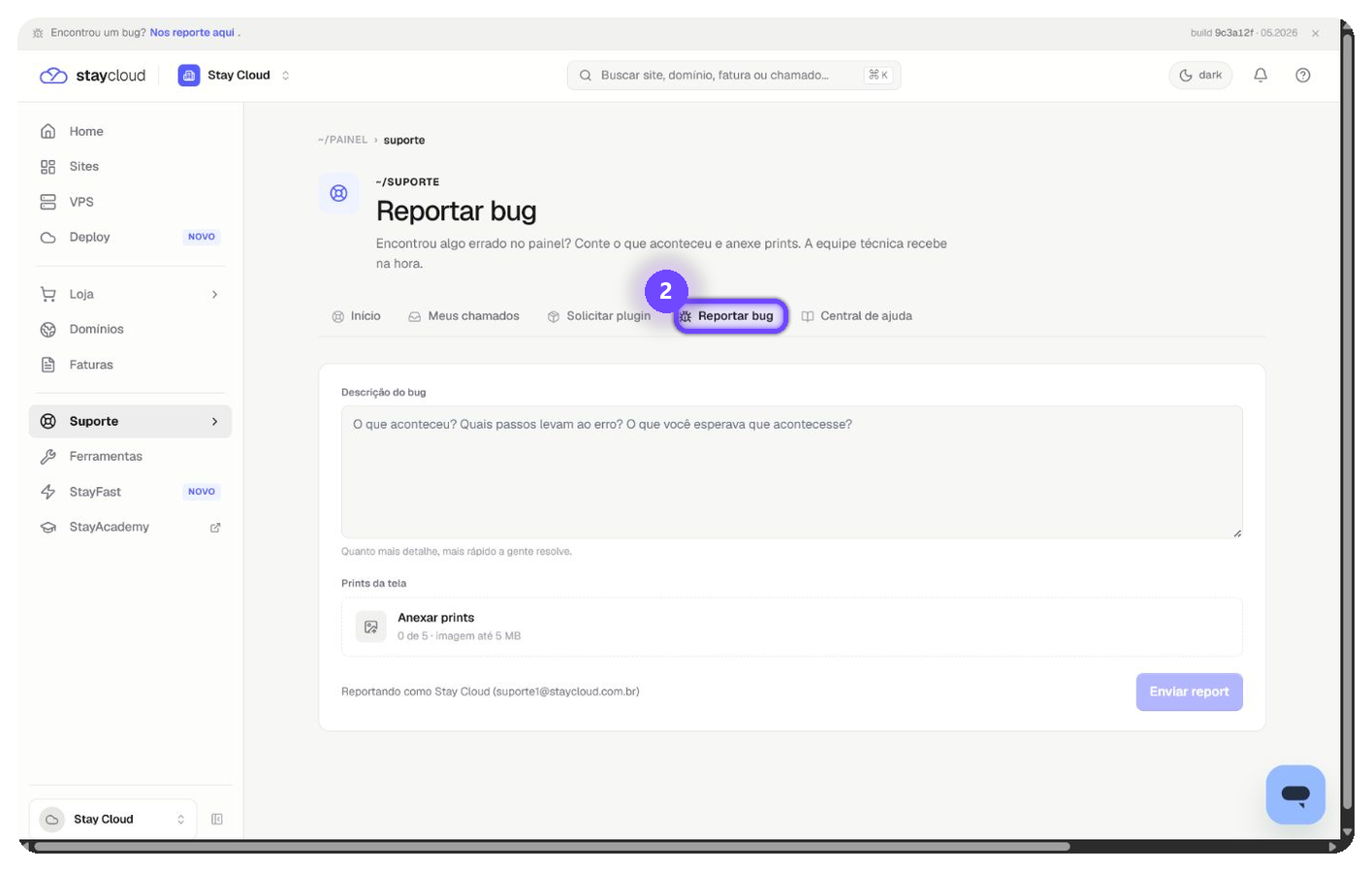 reportar bug StayCloud na aba Reportar bug