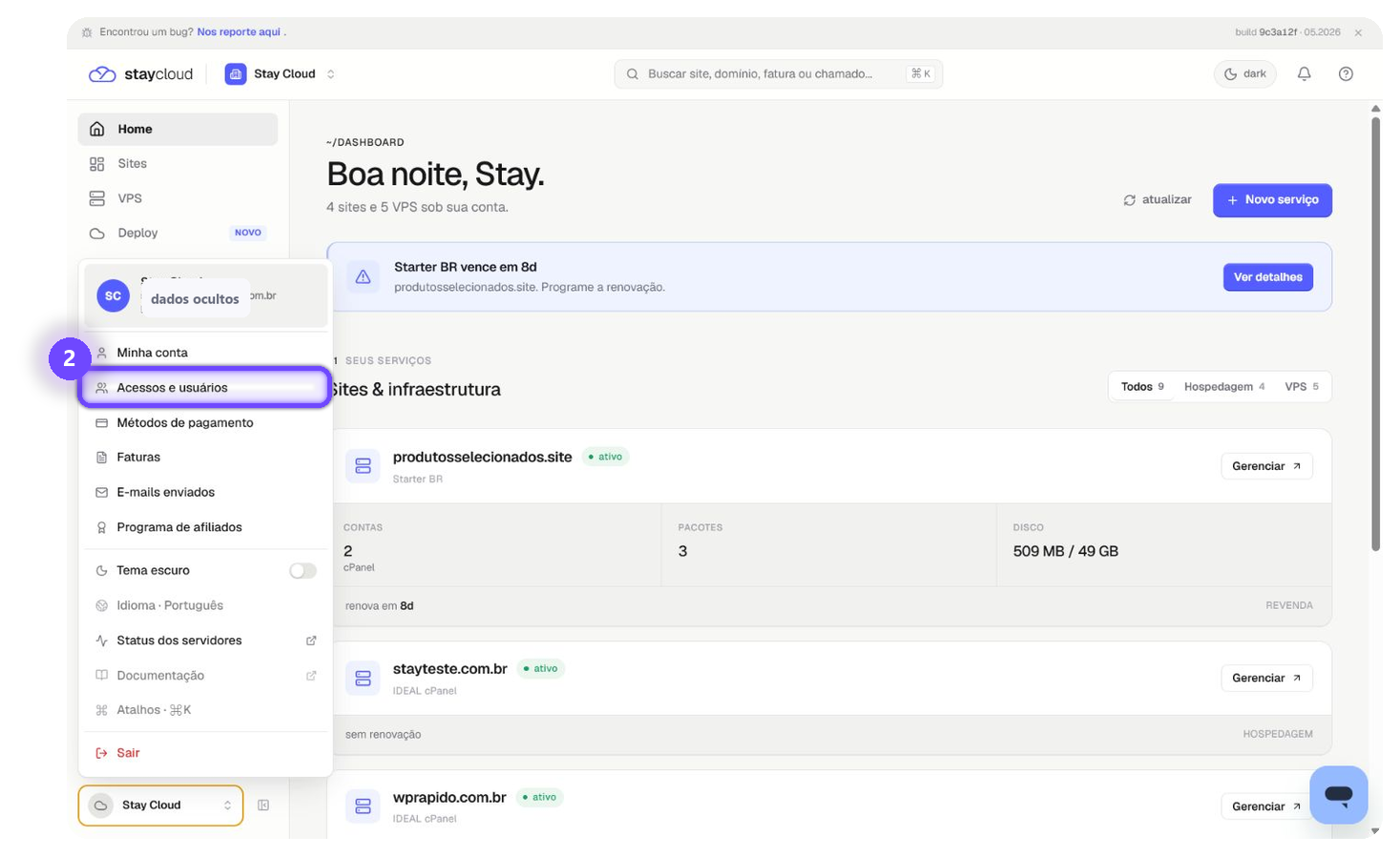 adicionar colaborador StayCloud em Acessos e usuários