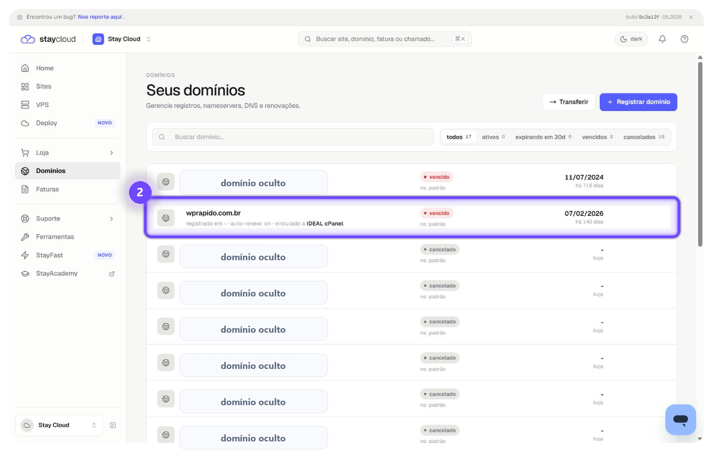 alterar nameservers StayCloud escolhendo domínio