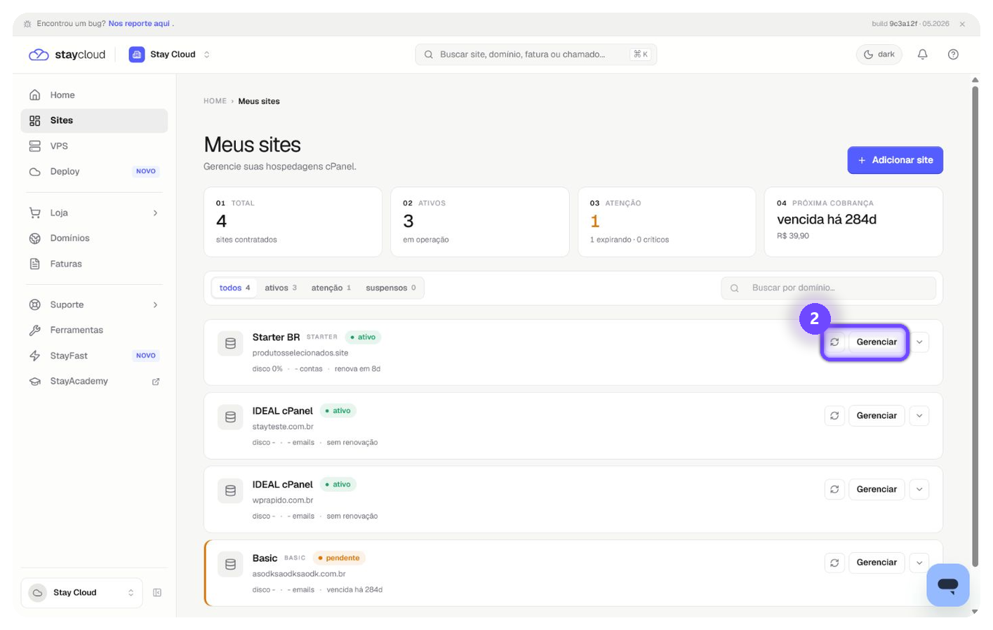 localizar acessos StayCloud pelo botão Gerenciar