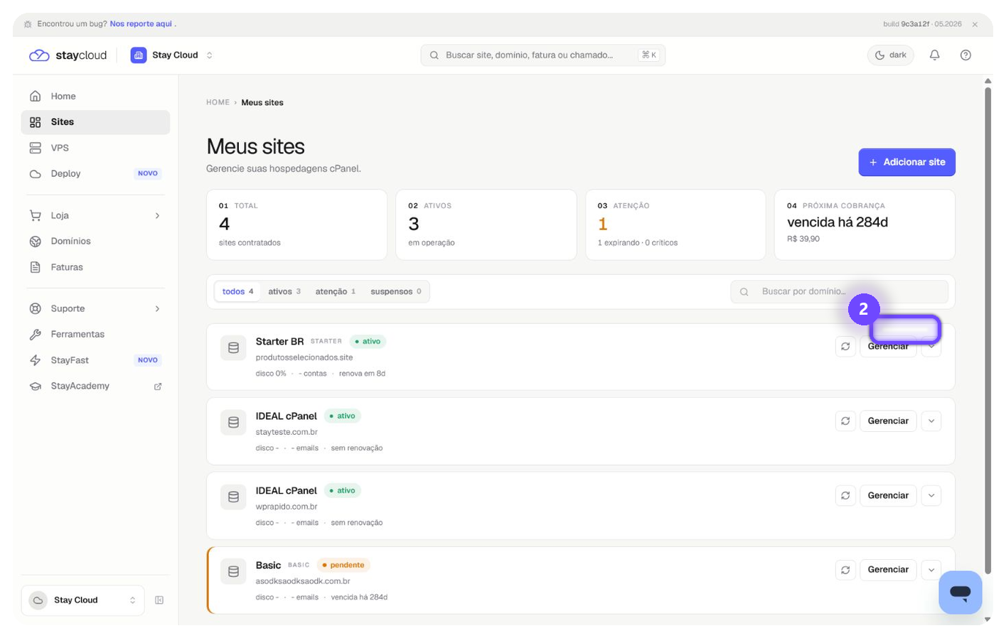 localizar arquivos StayCloud pelo botão Gerenciar