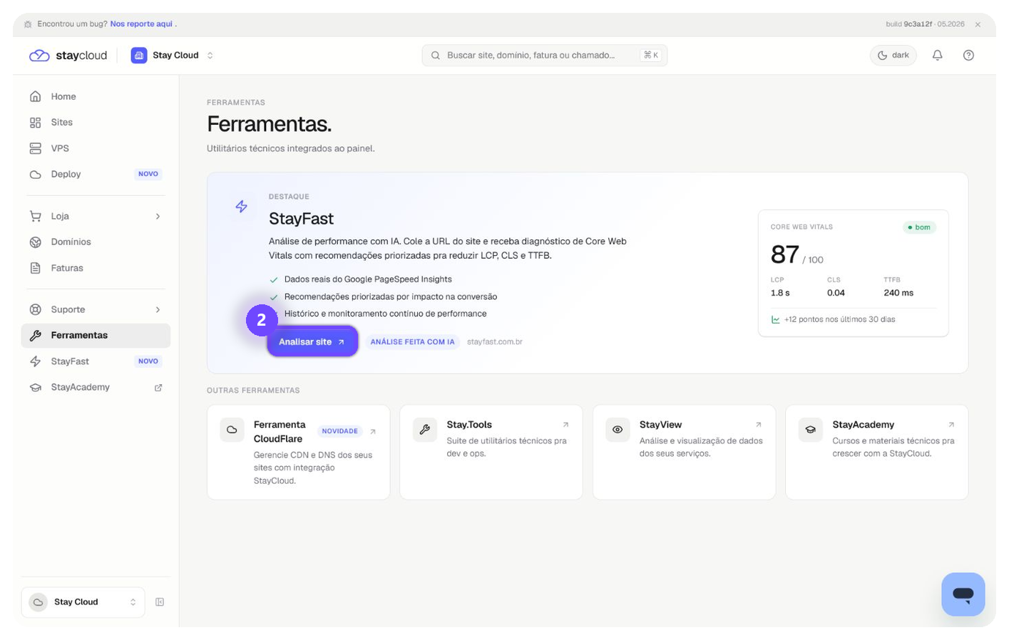 ferramentas painel StayCloud com ferramenta em destaque