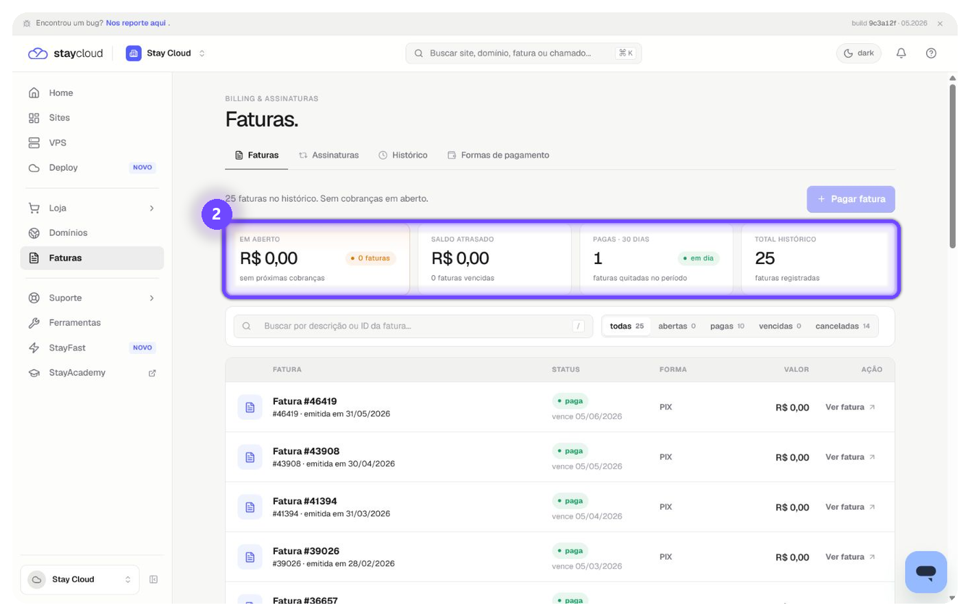 consultar faturas StayCloud pelo resumo financeiro