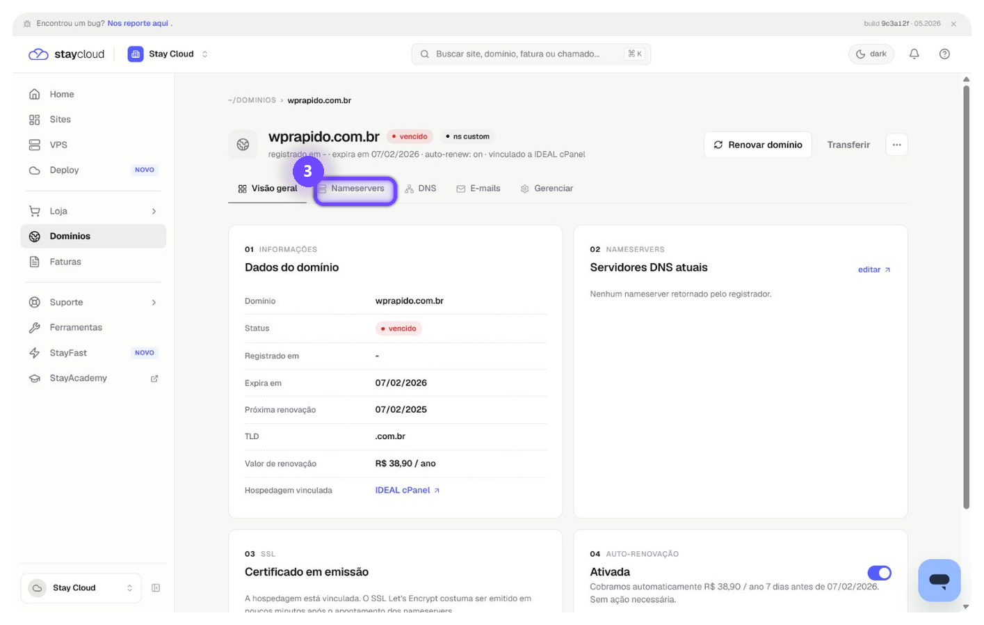 alterar nameservers StayCloud pela aba Nameservers