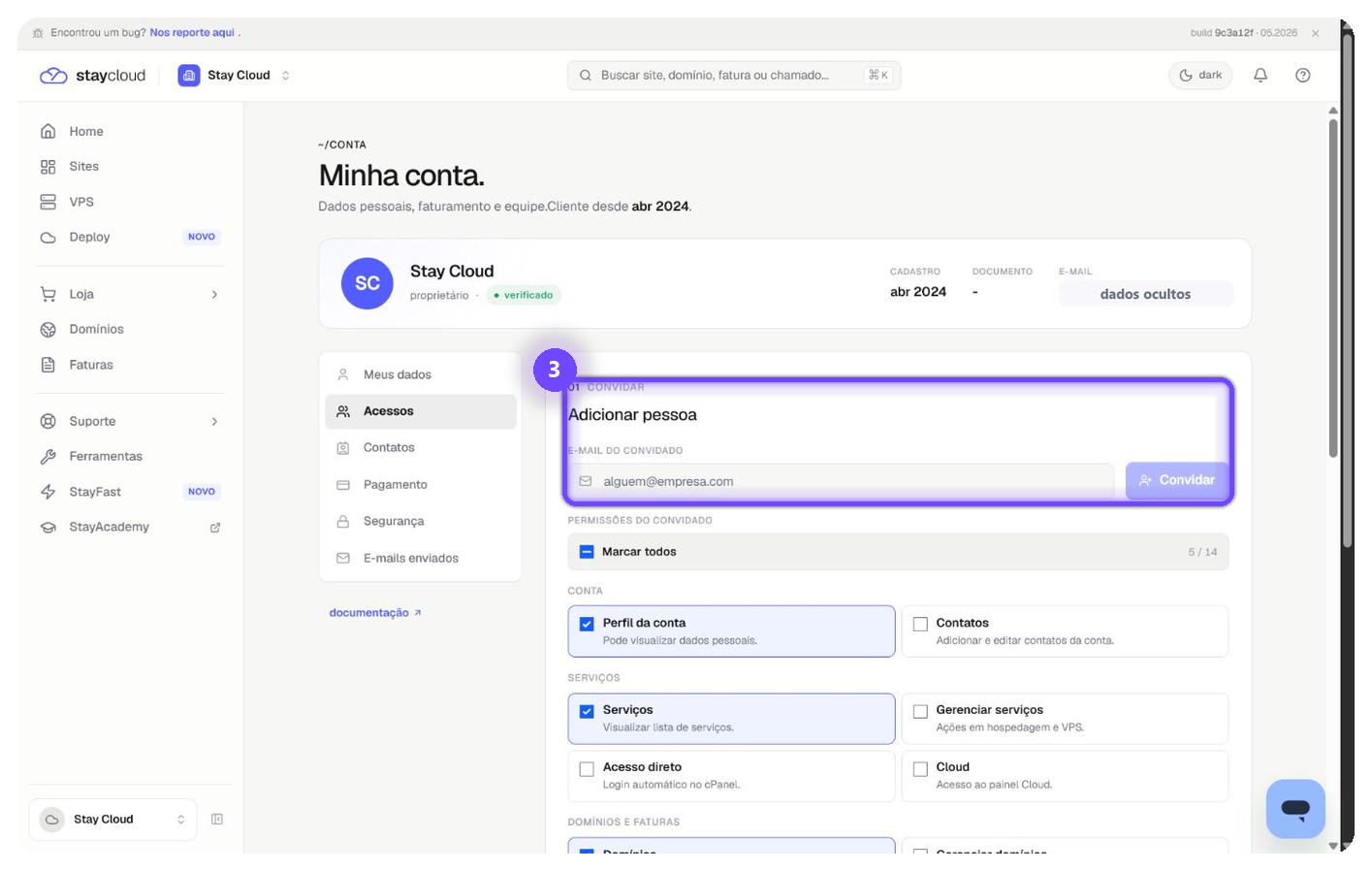 adicionar colaborador StayCloud pelo campo de e-mail