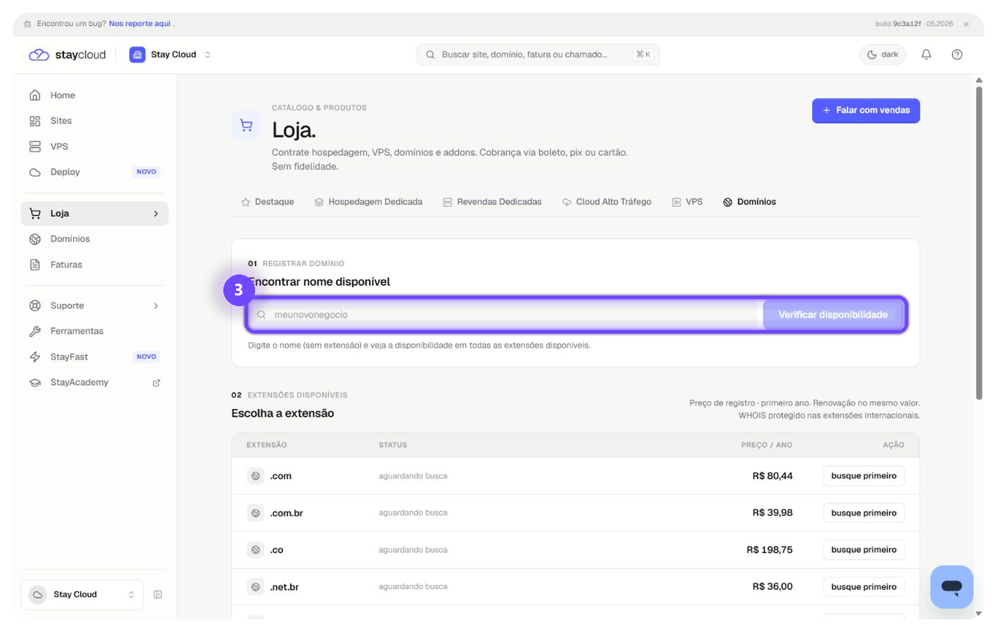 comprar domínio StayCloud pesquisando disponibilidade
