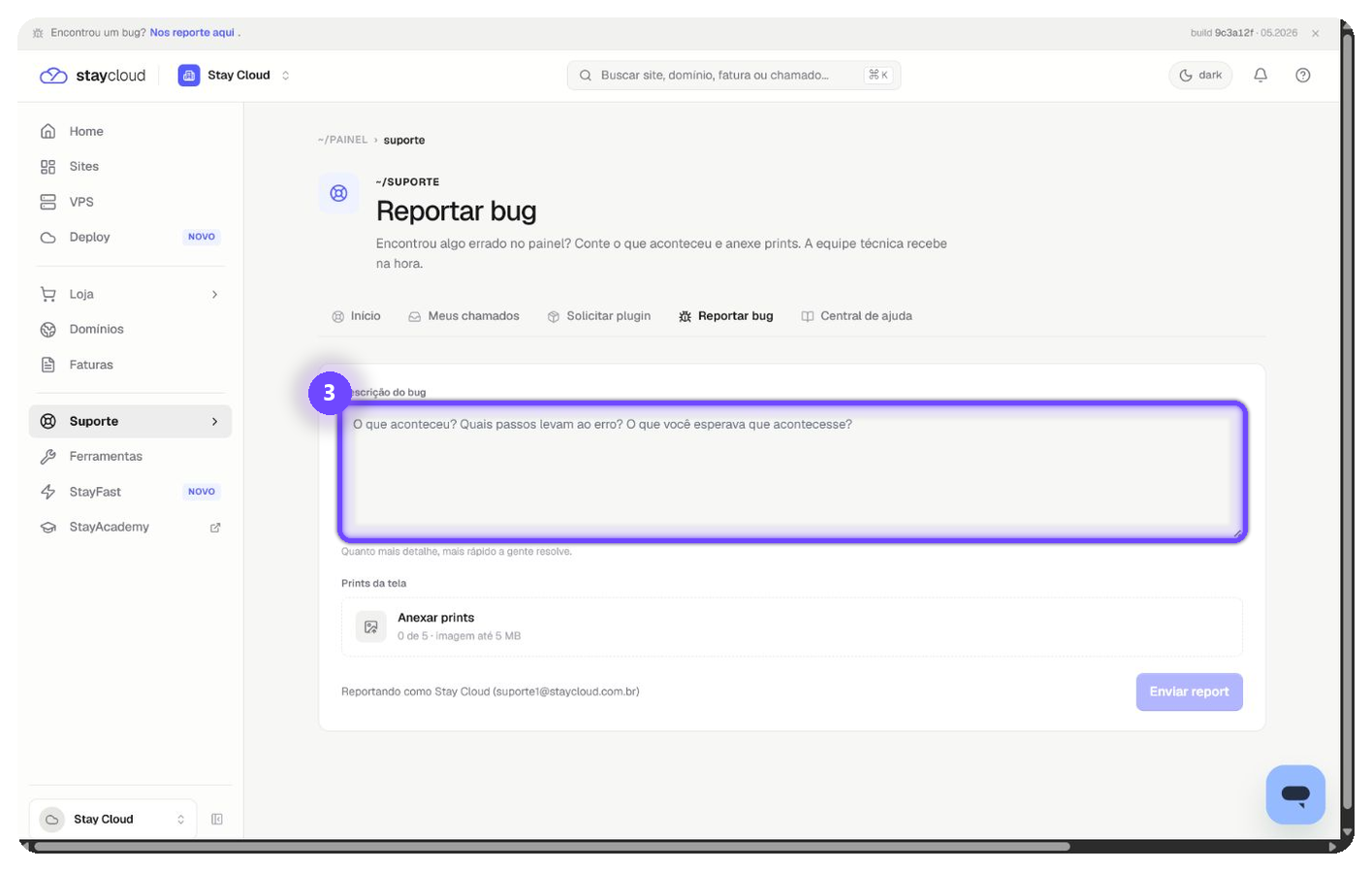 reportar bug StayCloud descrevendo o erro encontrado