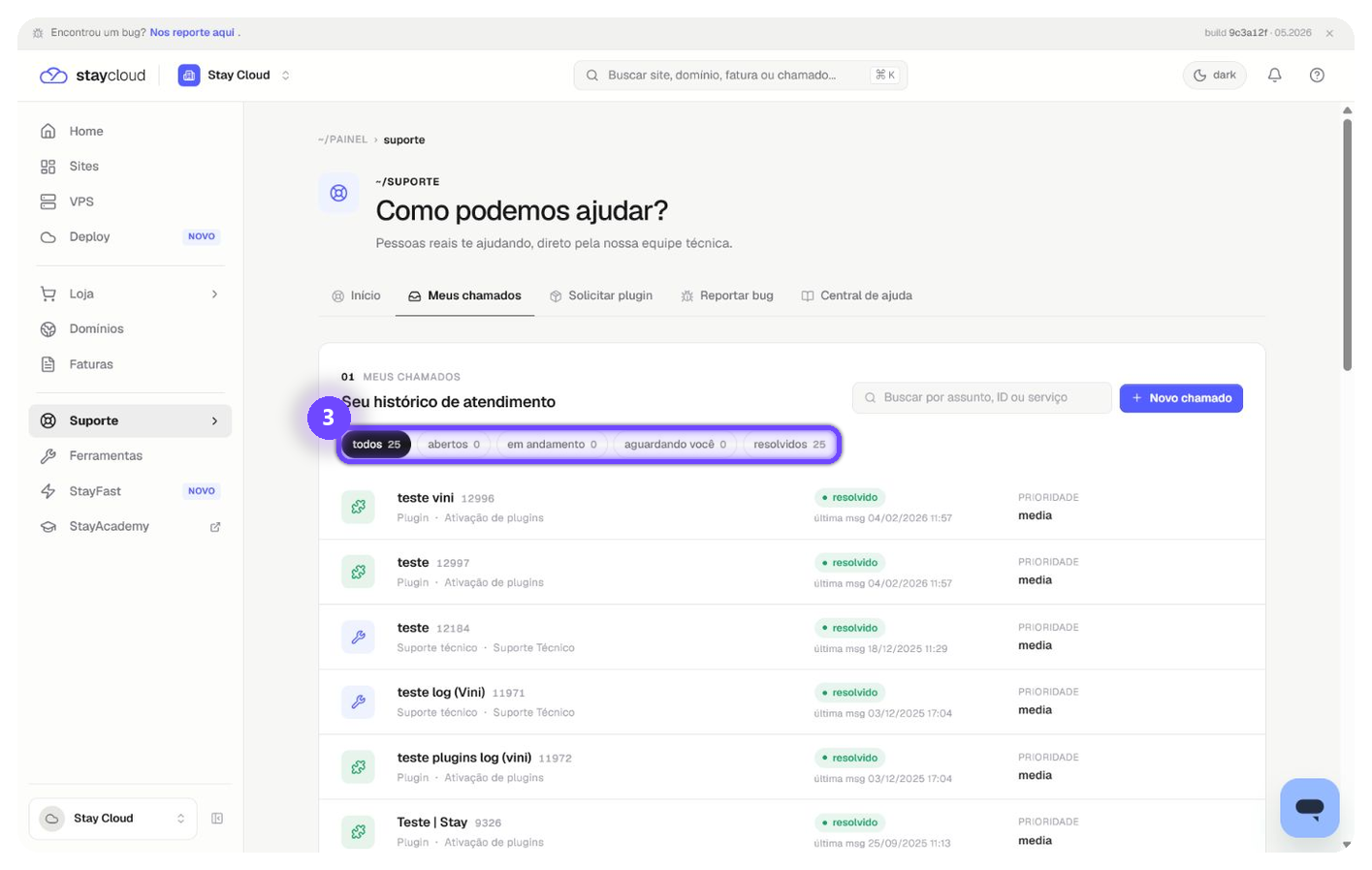acompanhar chamados StayCloud pelos filtros de status